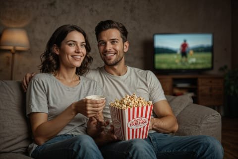 Images d'un couple regardant des programmes télévisées avec un pot de popcorn