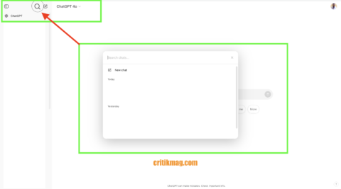 Image d'une interface ChatGPT avec les Fonctionnalités de recherche dans l’historique de conversations