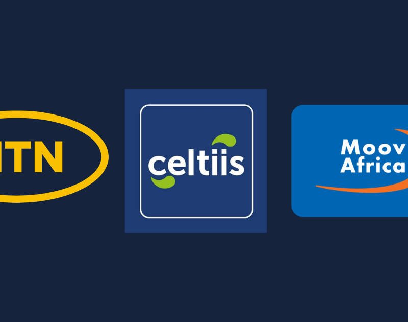 Logos MTN MoMo, Moov Money et Celtiis Cash, les trois services Mobile Money du Bénin