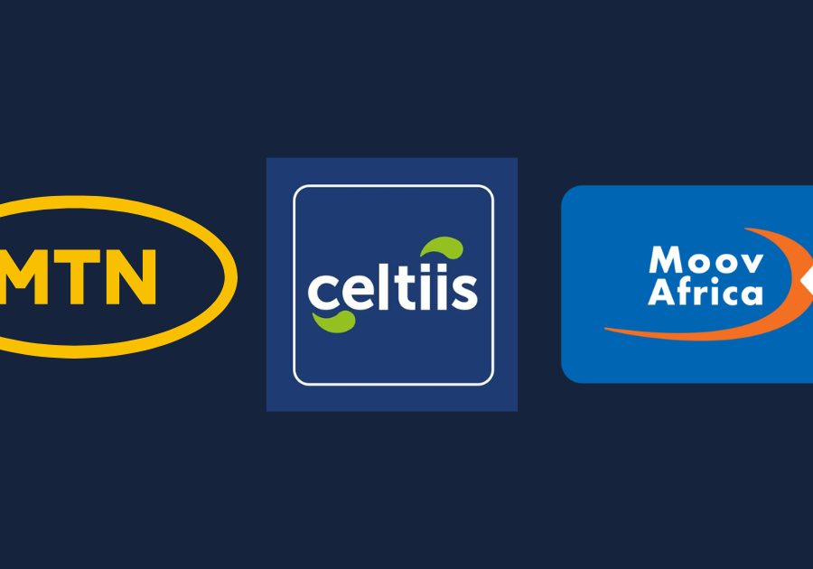 Logos MTN MoMo, Moov Money et Celtiis Cash, les trois services Mobile Money du Bénin