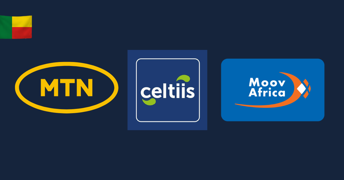 Logos MTN MoMo, Moov Money et Celtiis Cash, les trois services Mobile Money du Bénin