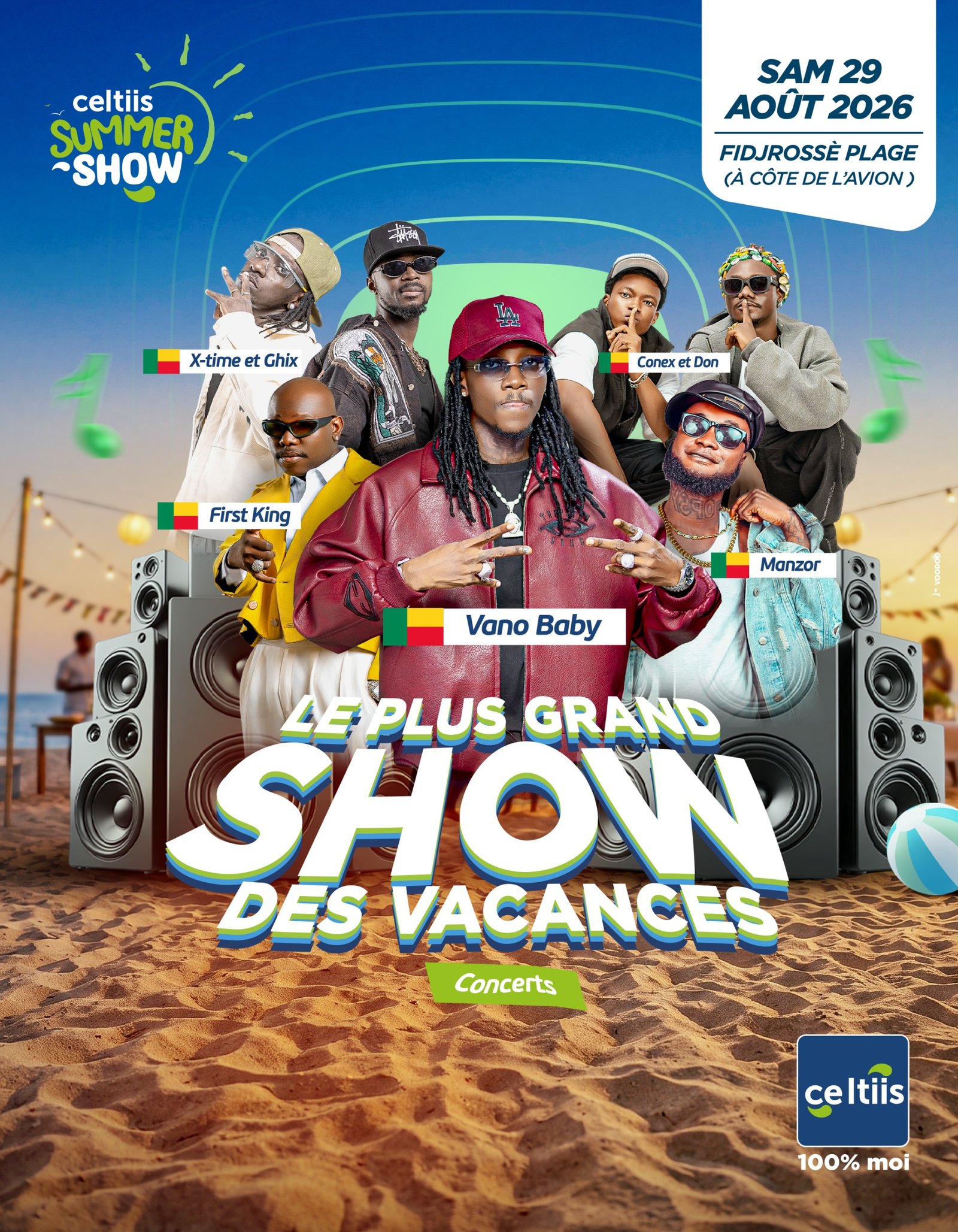 Affiche du premier concert du Celtiis Summer Show 2026 avec Vano Baby en tête d'affiche, samedi 29 août à Fidjrossè Plage